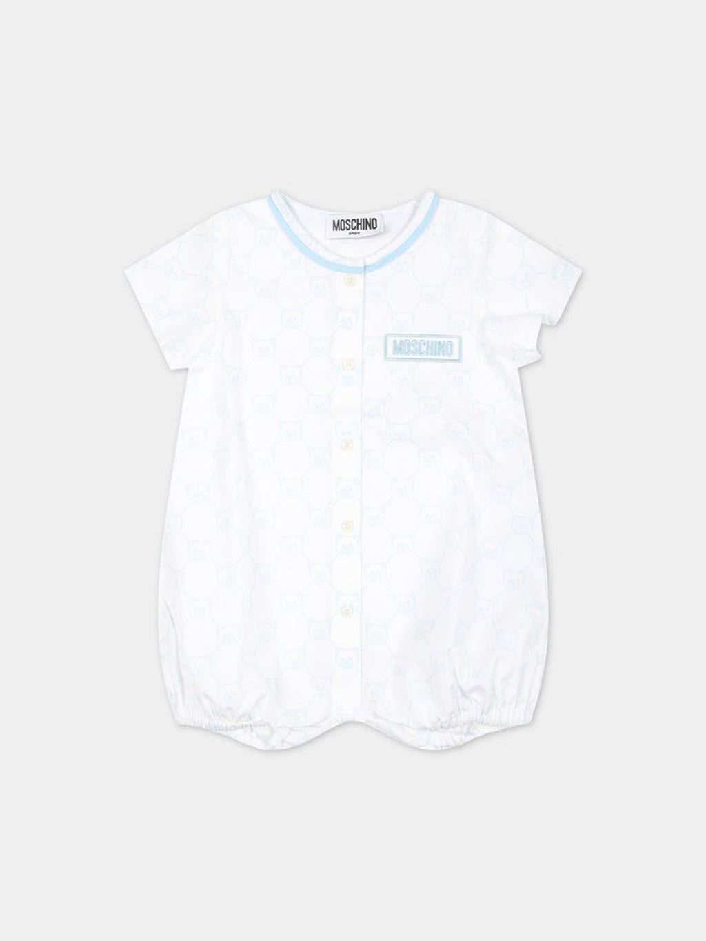 White romper for baby boy with Teddy Bear pattern and logo